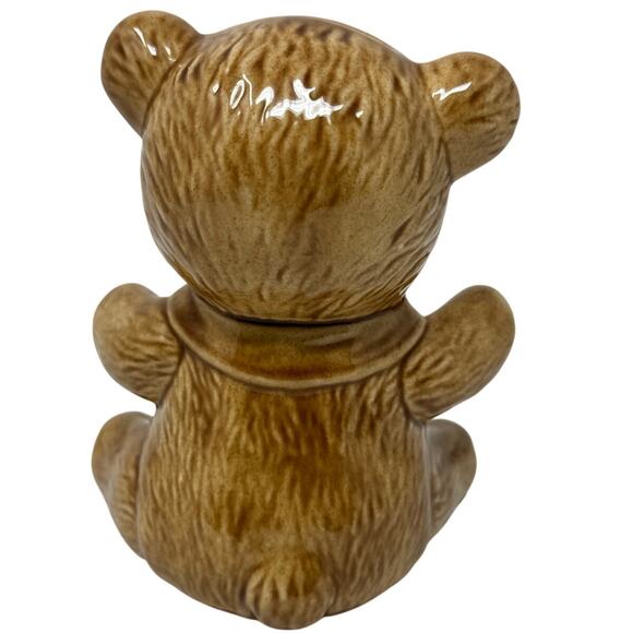 Vintage 80s Ceramic Teddy Bear Coin Bank Pink Bow 6" Nursery Decor - Picture 2 of 5